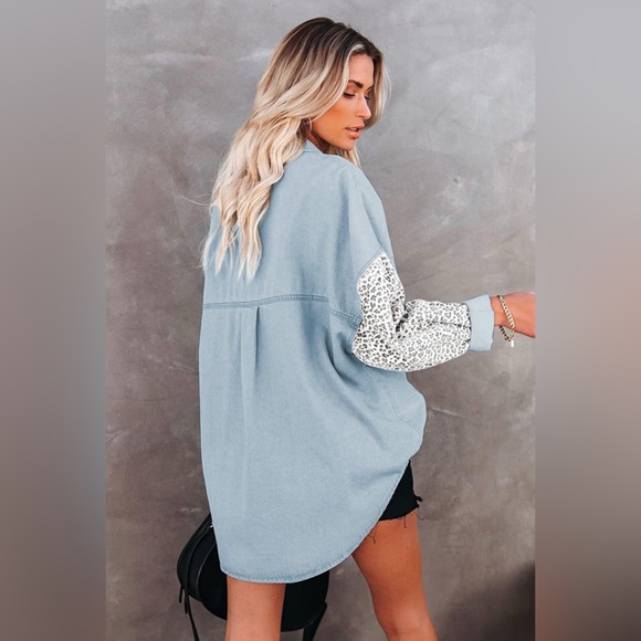 NEW Casual Leopard Denim Lapel Long Sleeve Button Down Oversized Jackets Coat - Picture 5 of 9